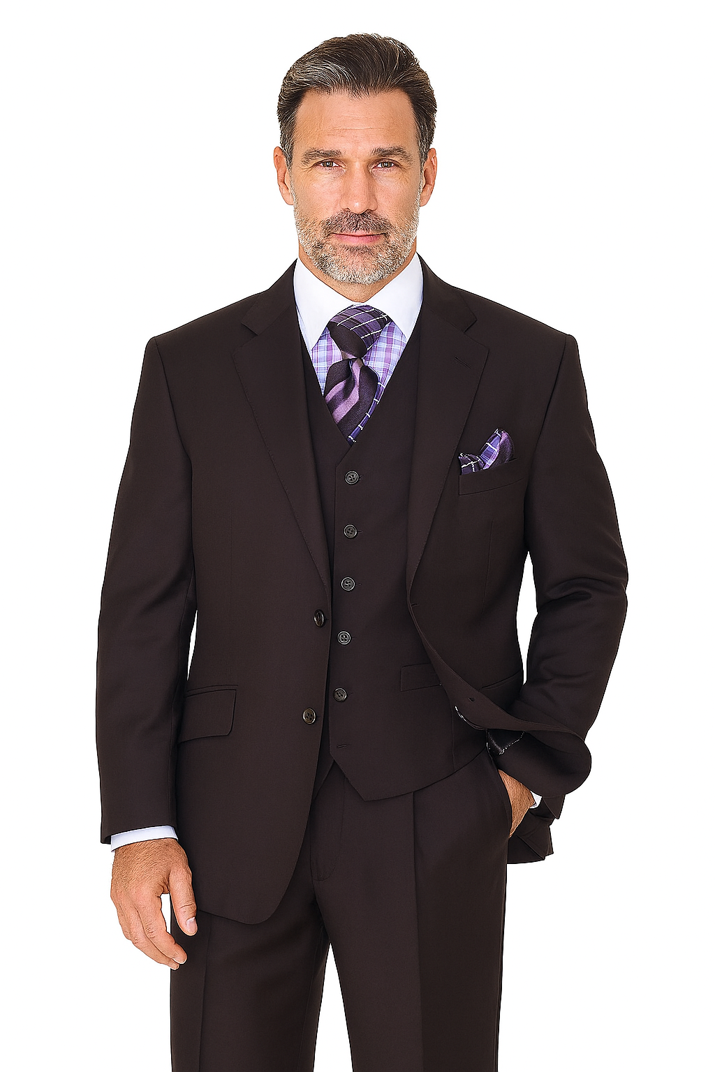 Solid Plum Eggplant Very Dark Purple W Hand-Pick Stitching Super 150'S Vested Suit