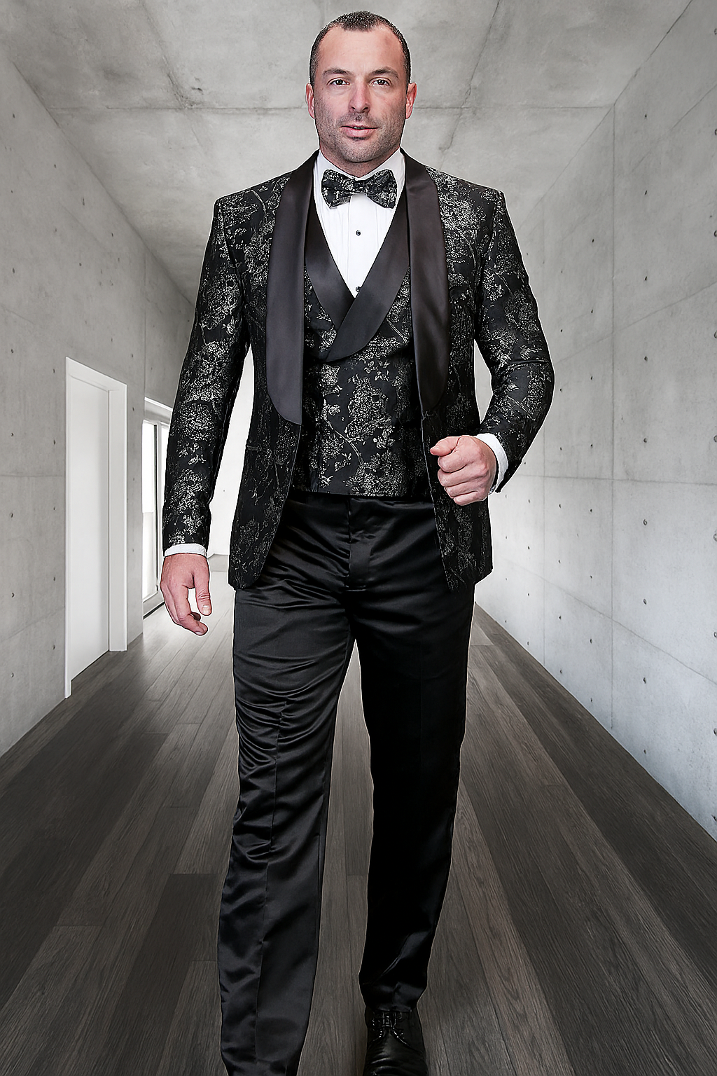 Black Paisley Lace Print Vested Tuxedo with Bowtie