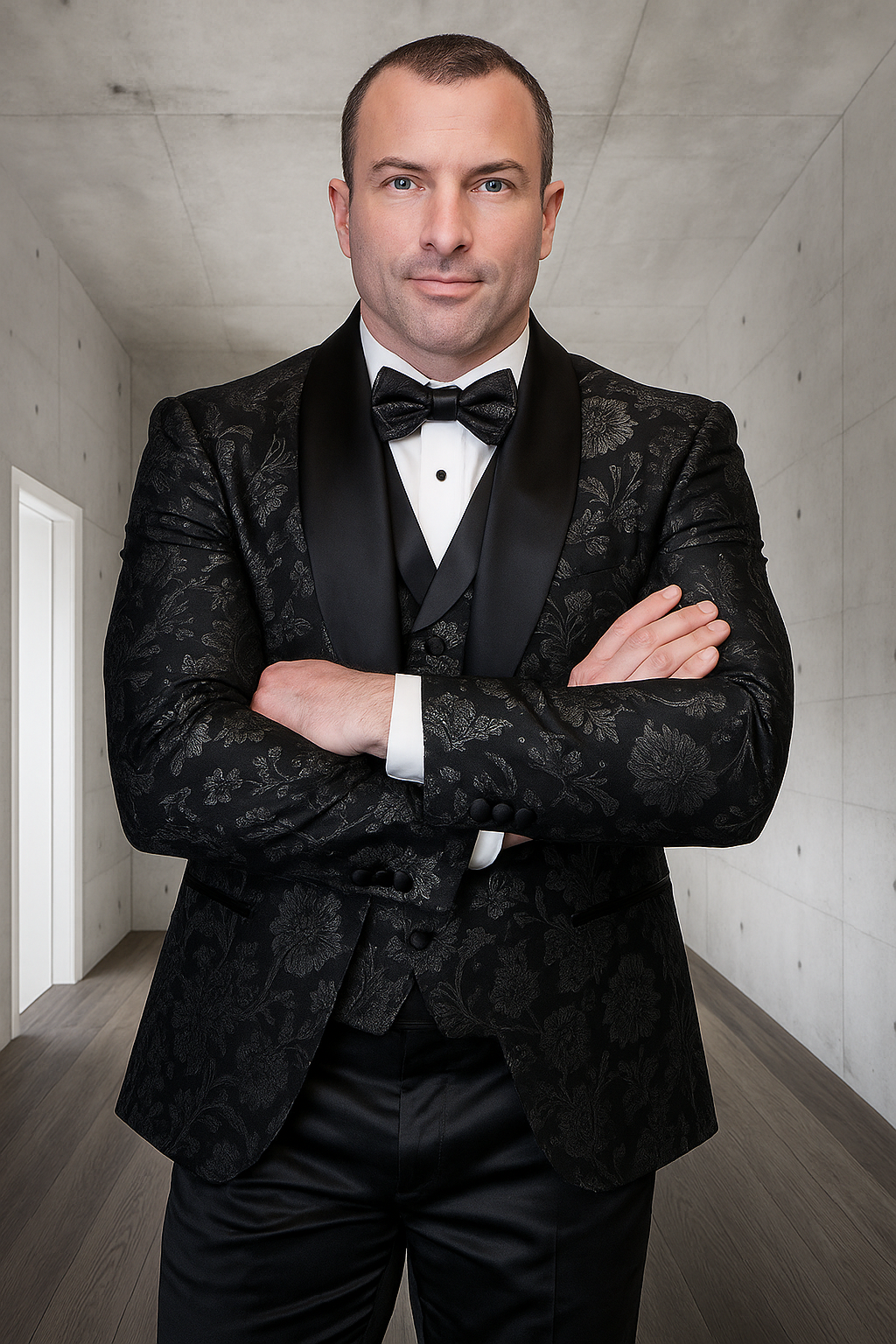 Black Paisley Lace Print Vested Tuxedo with Bowtie