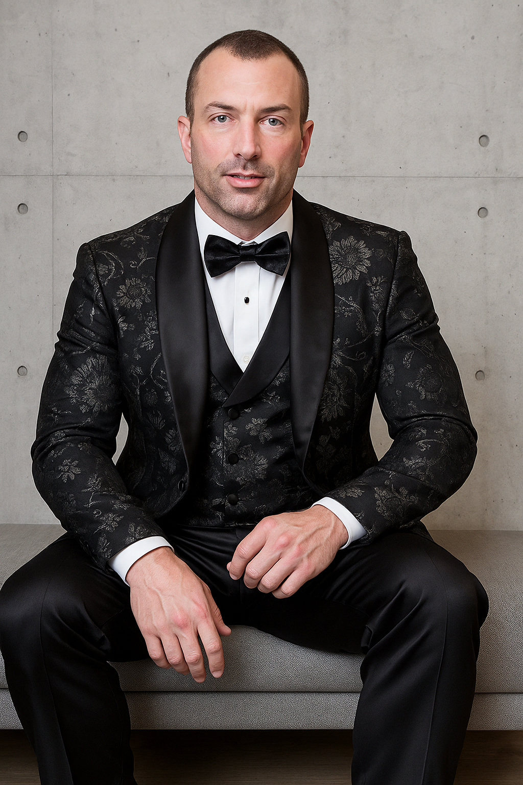 Black Paisley Lace Print Vested Tuxedo with Bowtie