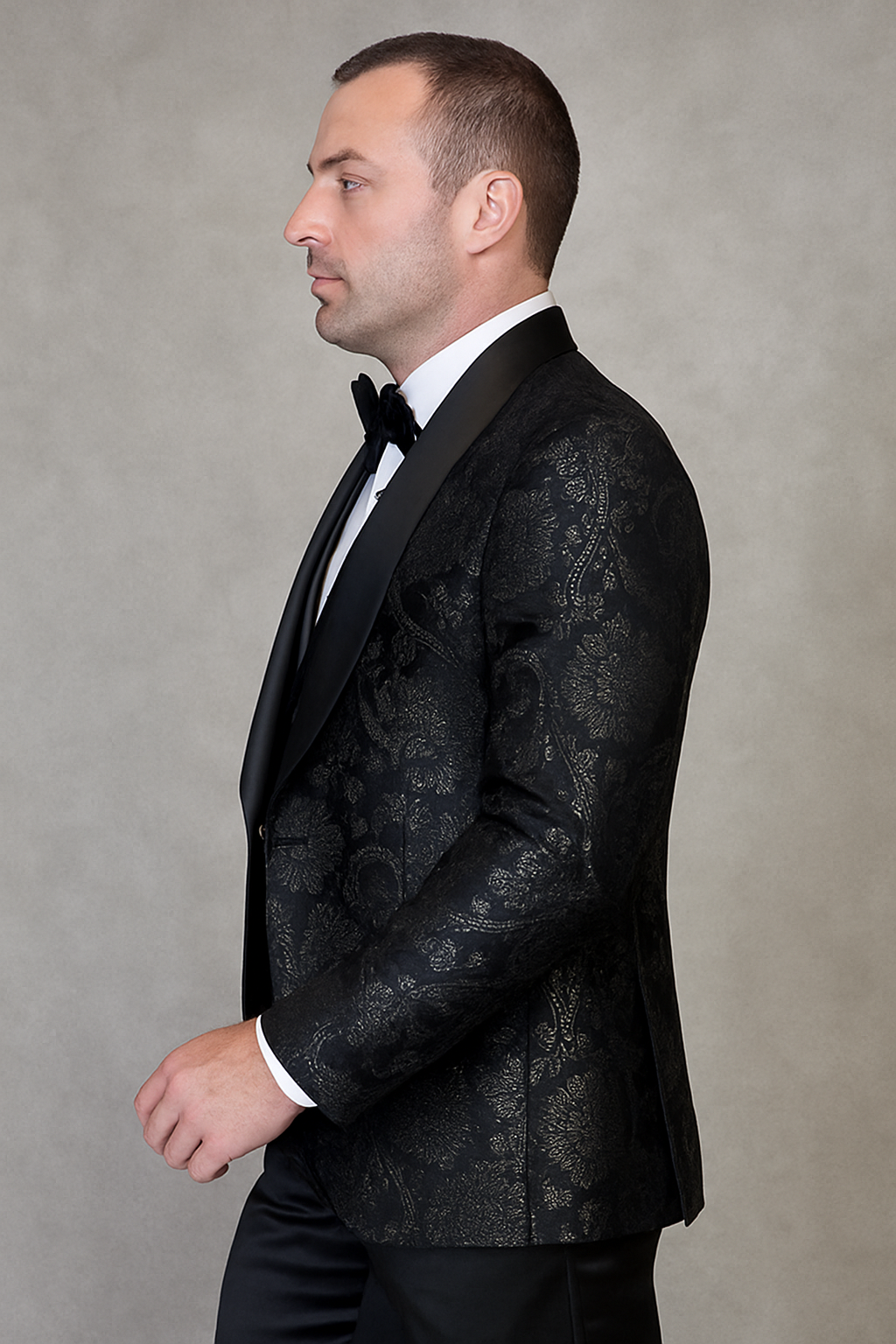 Black Paisley Lace Print Vested Tuxedo with Bowtie