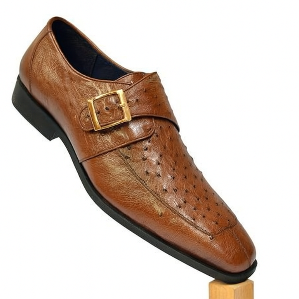 Men's Brown Genuine Ostrich Monk Strap Leather Shoes - Men's Buckle Dress Shoes Mens Ostrich Skin Shoes