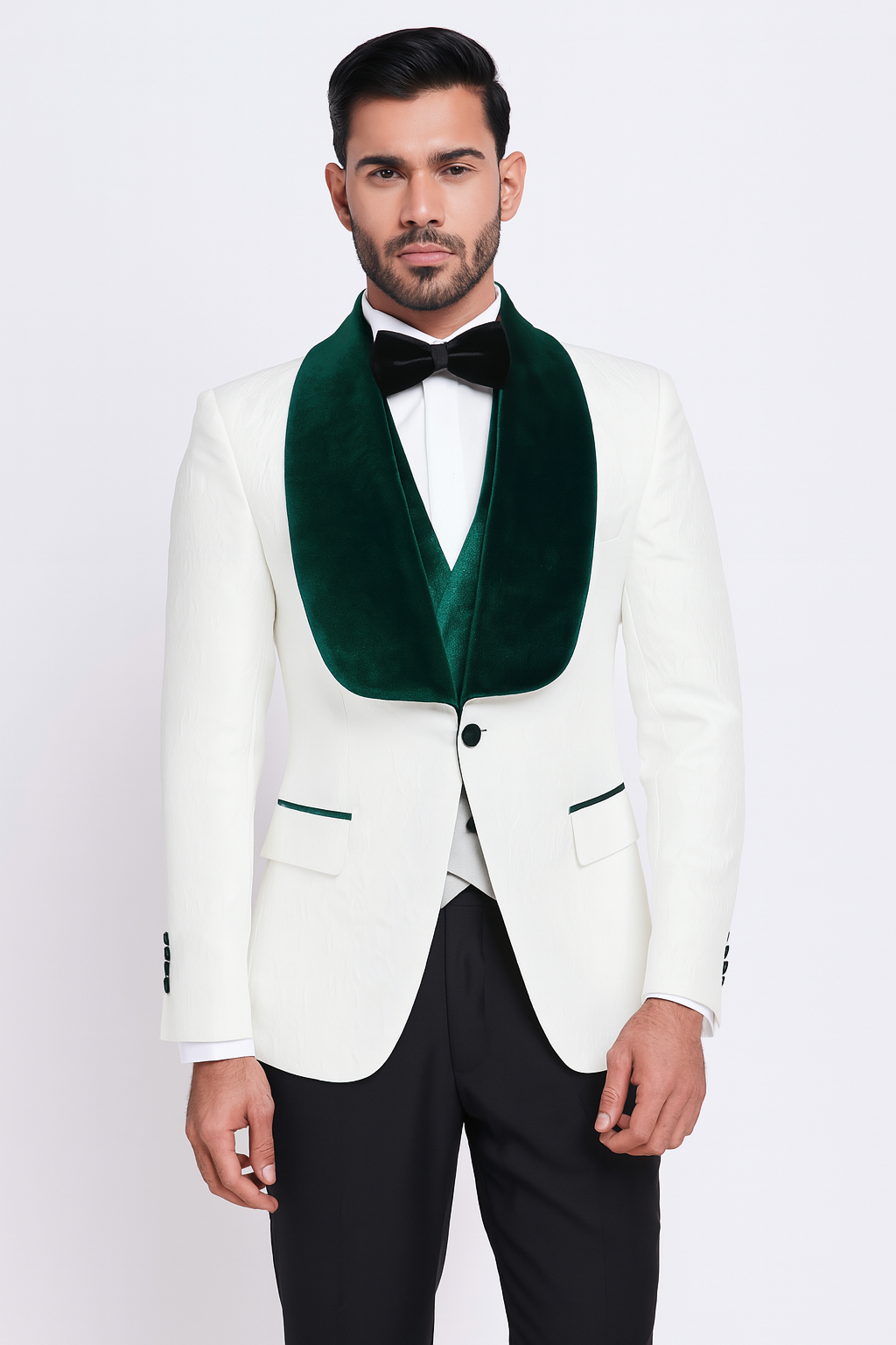 Ivory and Hunter Green Tuxedo Dinner Jacket Wide Velvet Groom Tuxedo Jacket - Prom Blazer