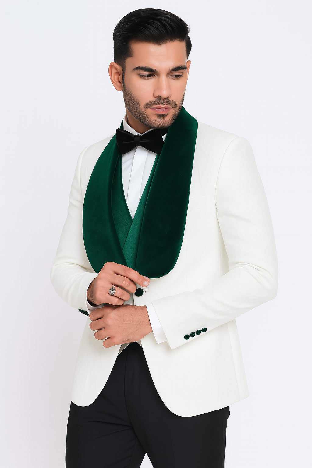 Ivory and Hunter Green Tuxedo Dinner Jacket Wide Velvet Groom Tuxedo Jacket - Prom Blazer