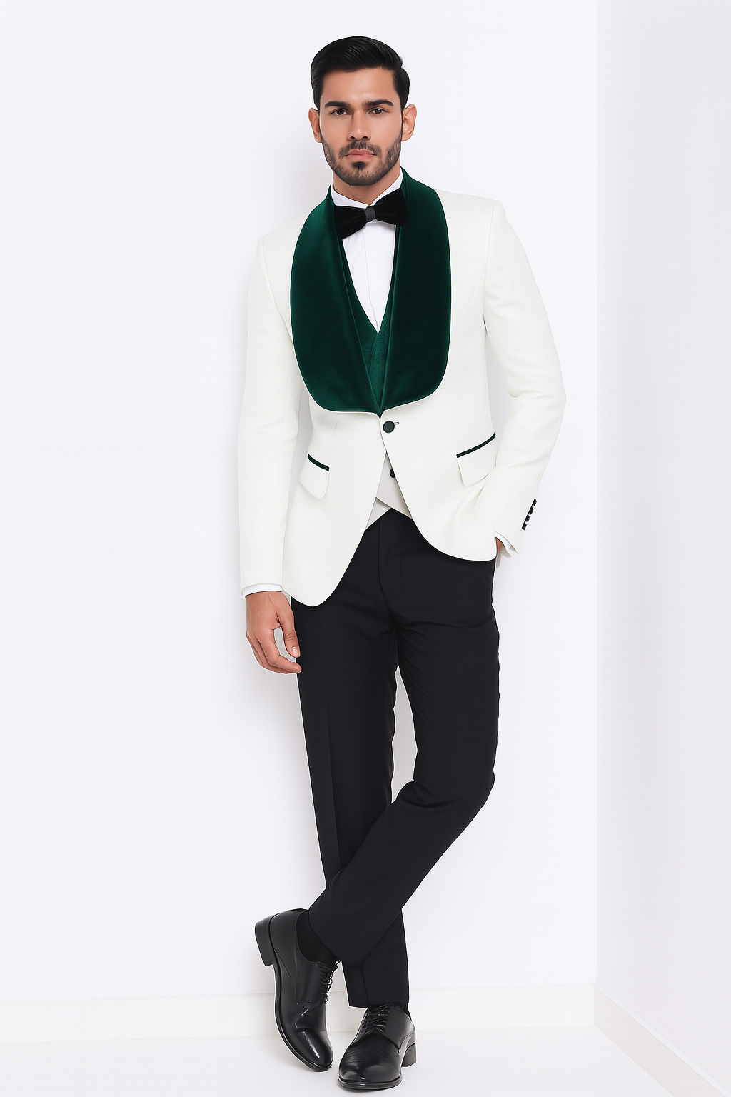 Ivory and Hunter Green Tuxedo Dinner Jacket Wide Velvet Groom Tuxedo Jacket - Prom Blazer