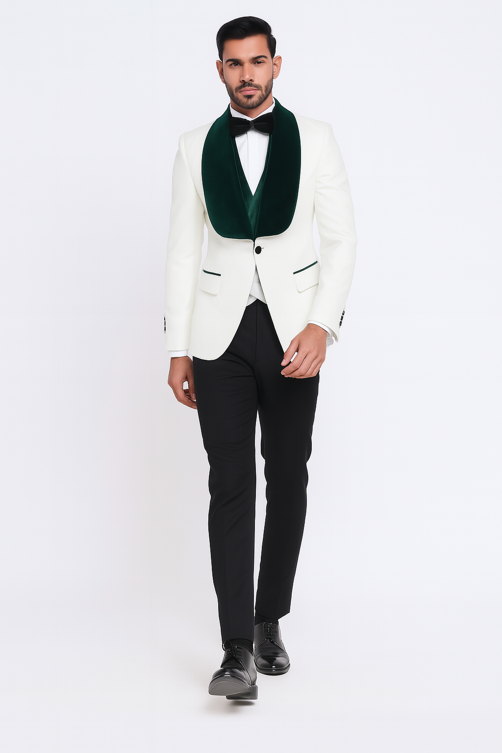 Ivory and Hunter Green Tuxedo Dinner Jacket Wide Velvet Groom Tuxedo Jacket - Prom Blazer