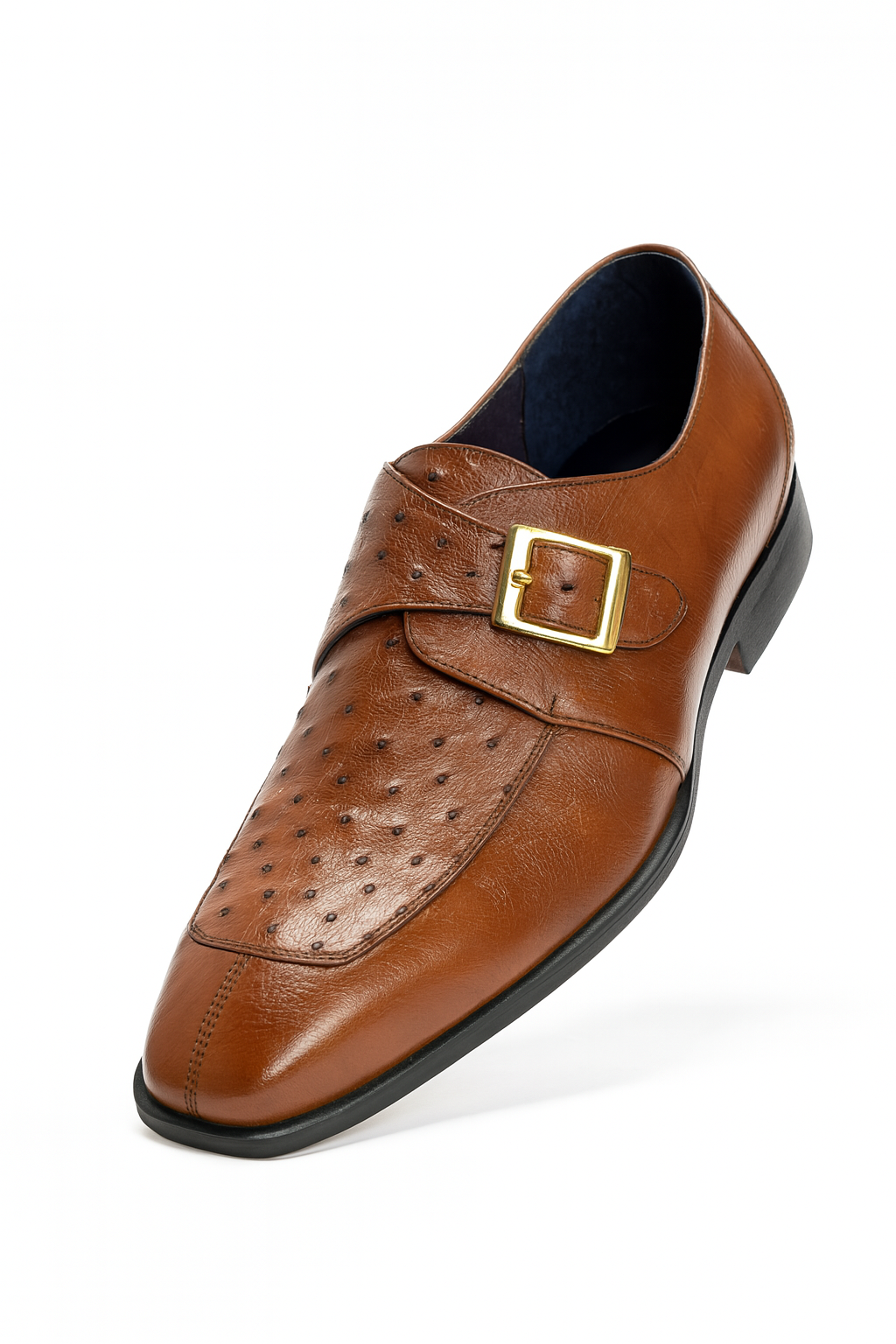 Men's Brown Genuine Ostrich Monk Strap Leather Shoes - Men's Buckle Dress Shoes Mens Ostrich Skin Shoes