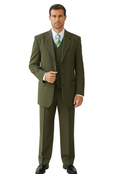 High Quality Dark Olive Green Available In Two ~ 2 Buttons Only Vested Poly~Rayon Fabric 3 ~ Three Piece Suit