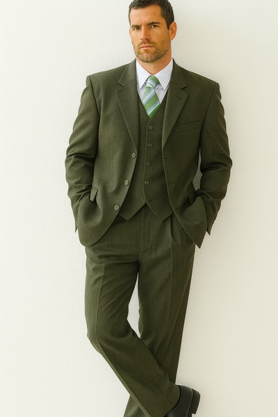 High Quality Dark Olive Green Available In Two ~ 2 Buttons Only Vested Poly~Rayon Fabric 3 ~ Three Piece Suit