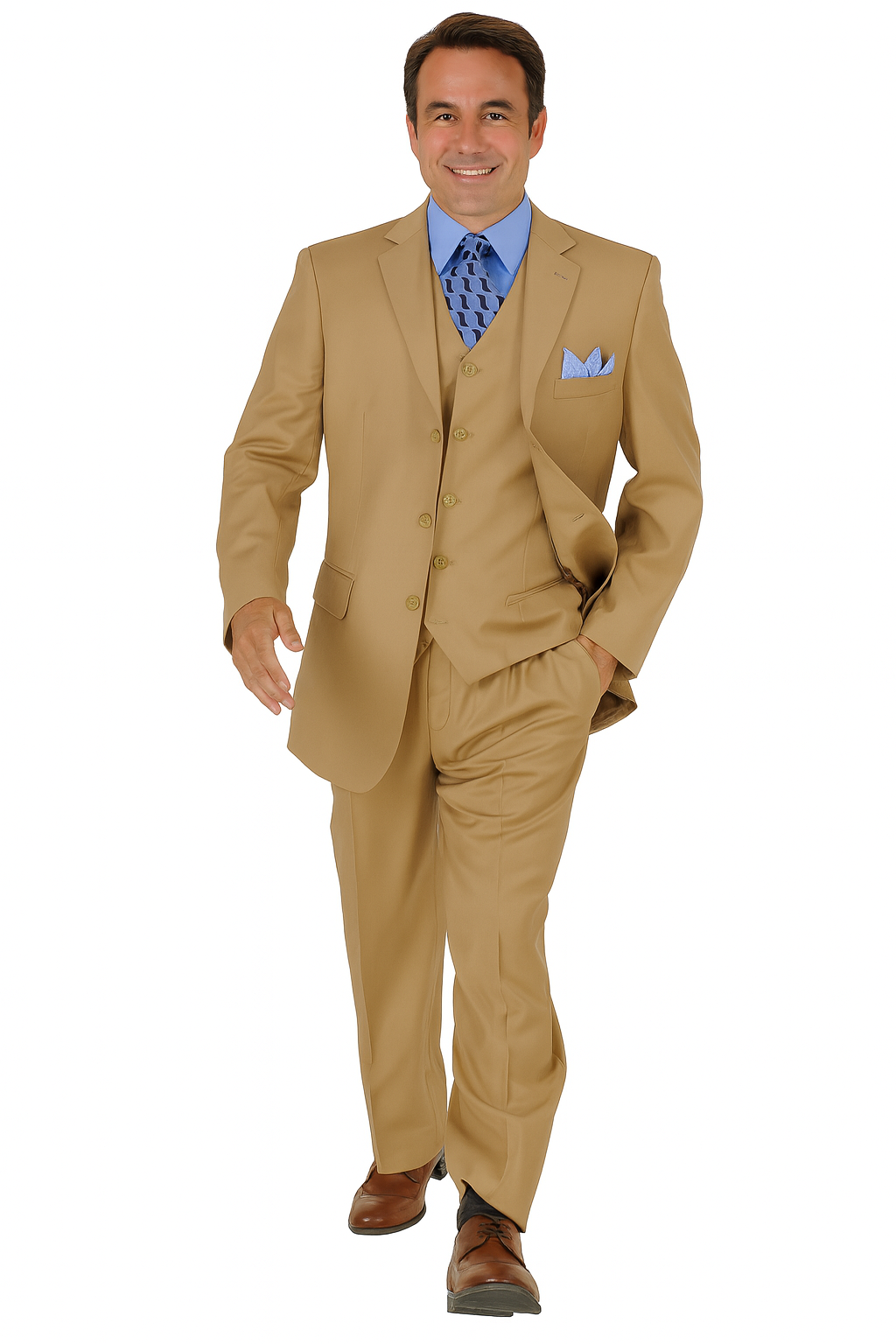 Mens 3 Button Vested Basic Wool Feel Suit in Khaki