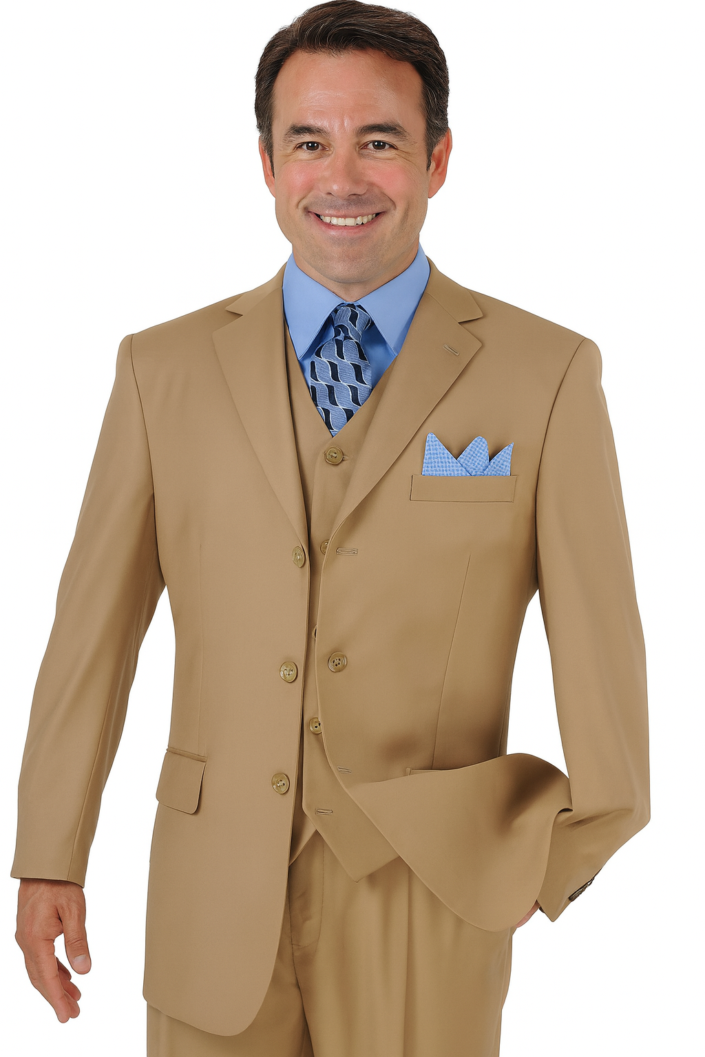 Mens 3 Button Vested Basic Wool Feel Suit in Khaki