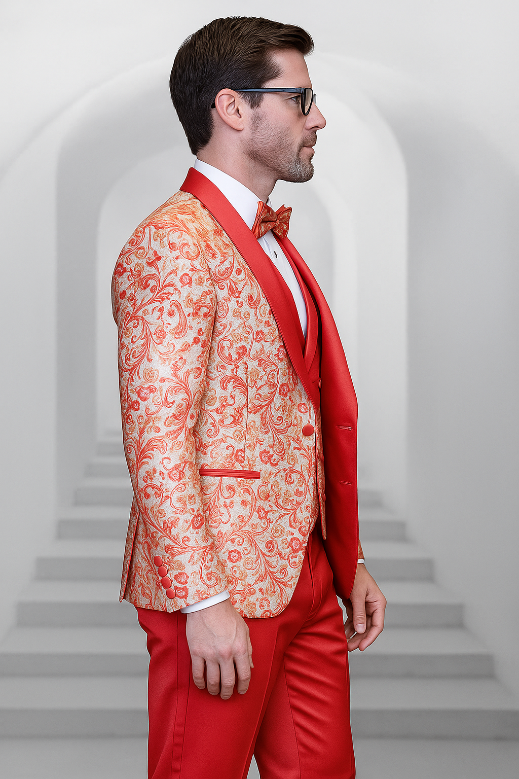 Coral Orange Paisley Tuxedo with Vest & Satin Pants