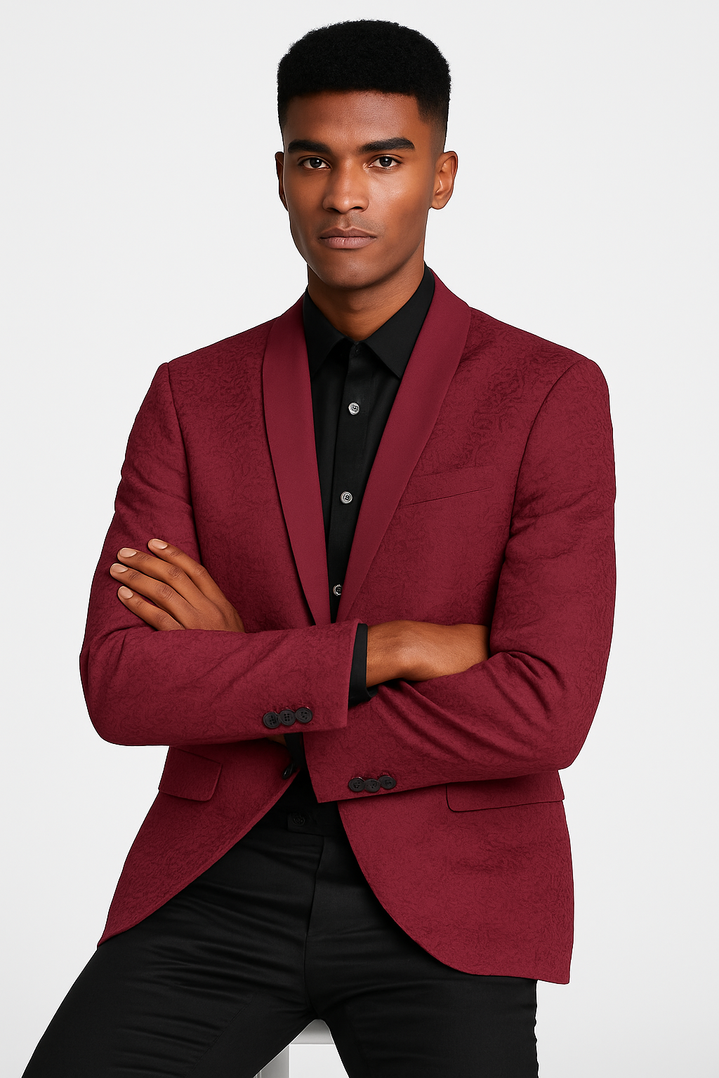 Burgundy Paisley Slim Fit Tuxedo Jacket with Satin Lapel