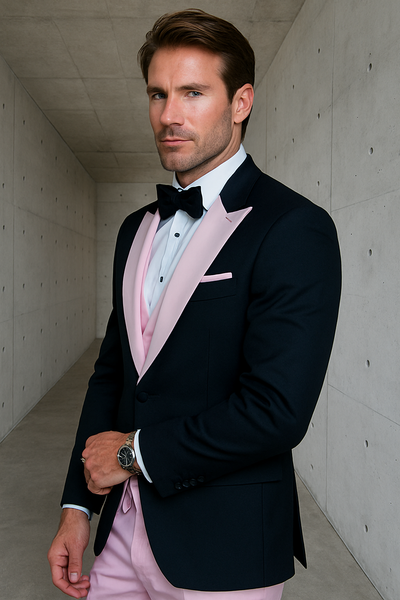 Designer Black & Pink Wool Tuxedo Vested Set