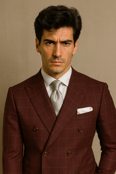 Men's Six Button Double Breasted Peak Lapel Jacket In Burgundy