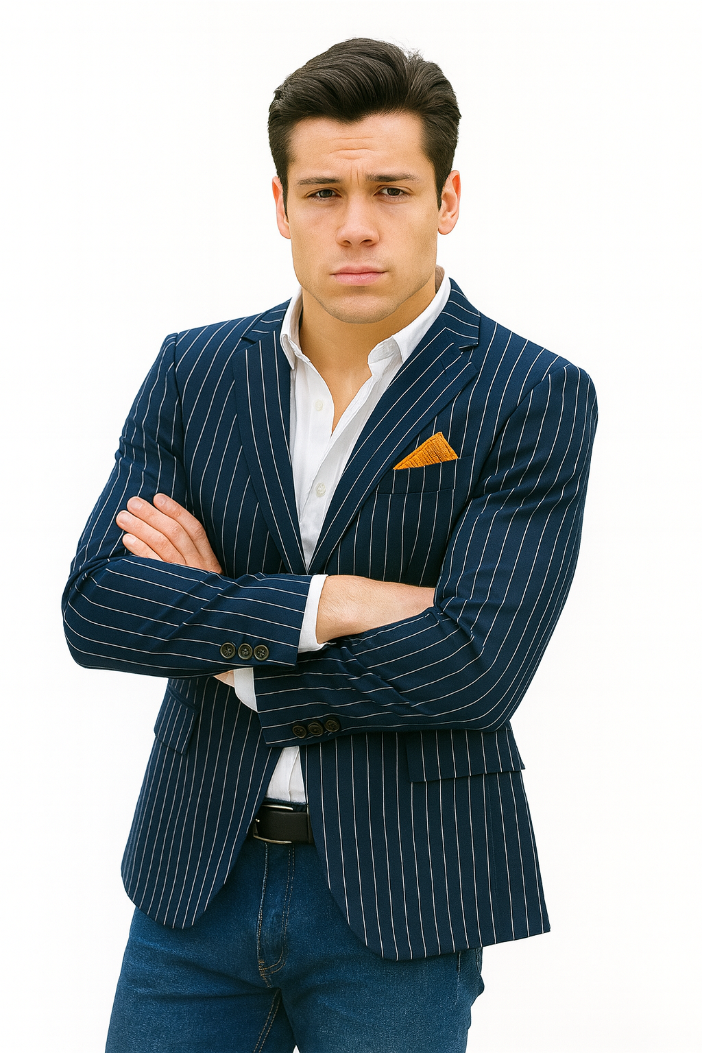 Men's Navy and Bold White Pinstripe Designer Fashion Blazer