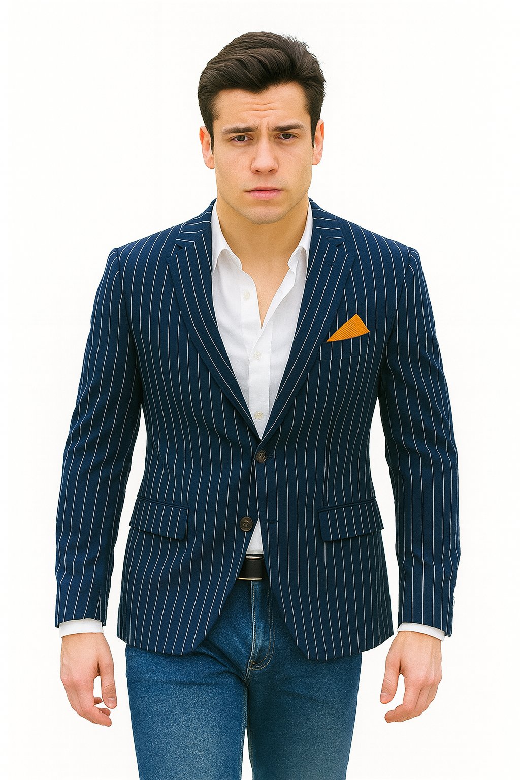 Men's Navy and Bold White Pinstripe Designer Fashion Blazer