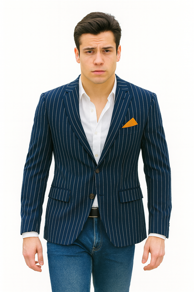 Men's Navy and Bold White Pinstripe Designer Fashion Blazer