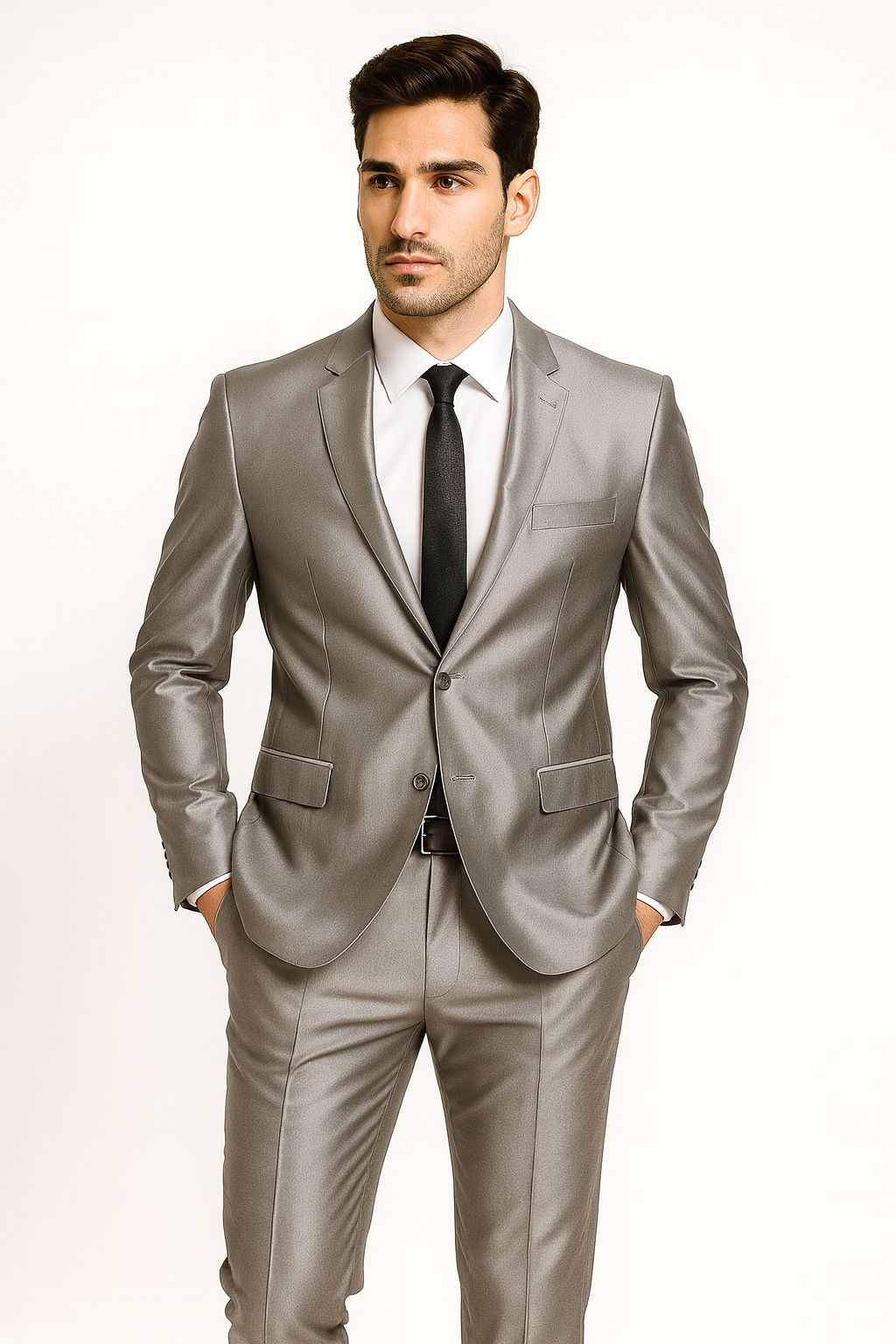 Men's Slim Fit Shiny Silver Tuxedo Formal Looking Sharkskin Suit