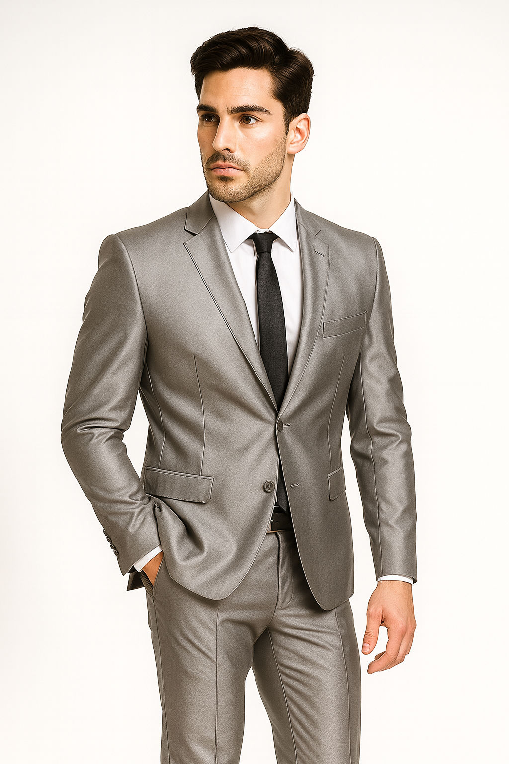 Men's Slim Fit Shiny Silver Tuxedo Formal Looking Sharkskin Suit