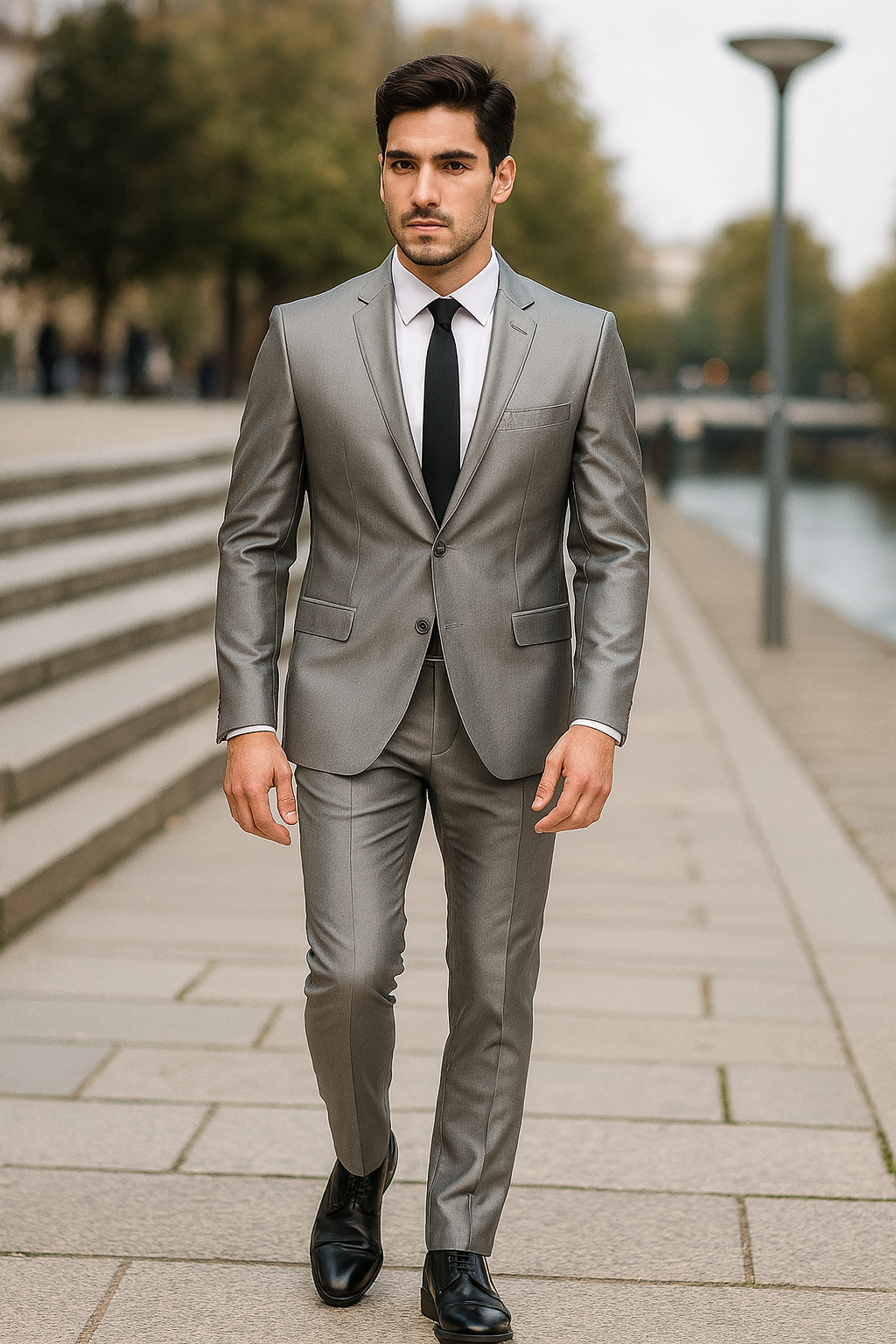 Men's Slim Fit Shiny Silver Tuxedo Formal Looking Sharkskin Suit