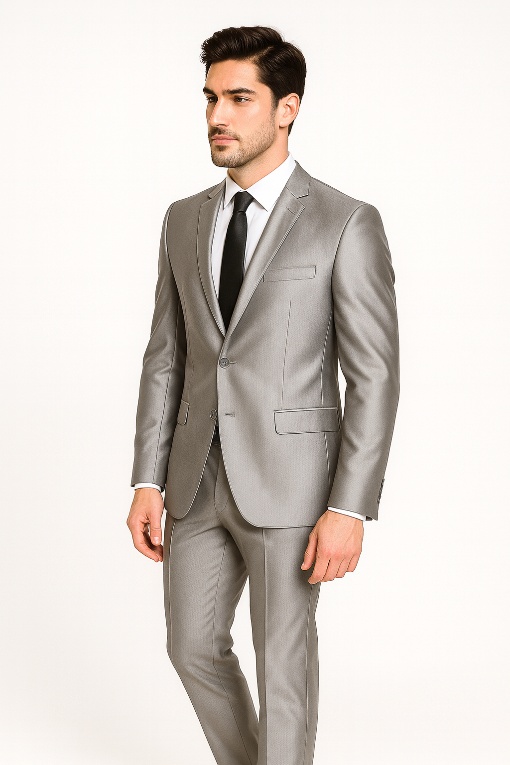 Men's Slim Fit Shiny Silver Tuxedo Formal Looking Sharkskin Suit