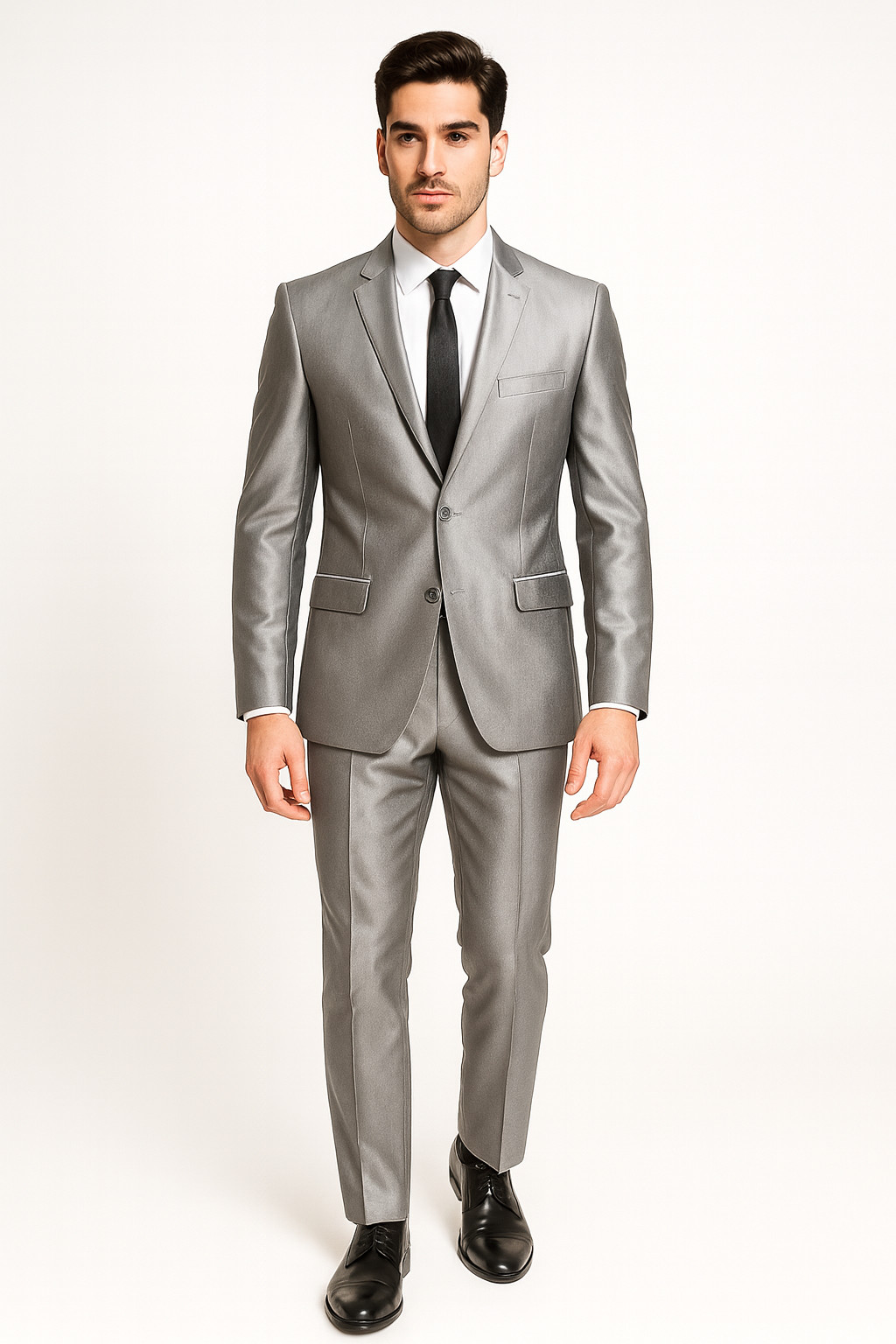 Men's Slim Fit Shiny Silver Tuxedo Formal Looking Sharkskin Suit