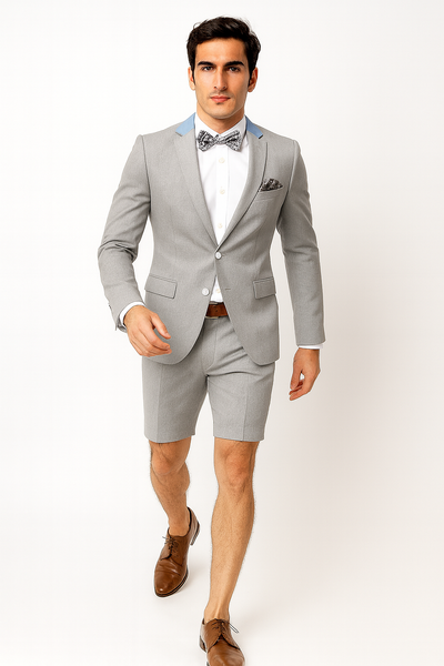 Men's Summer Business Light Gray Suits With Shorts Pants Set (Sport Coat Looking)