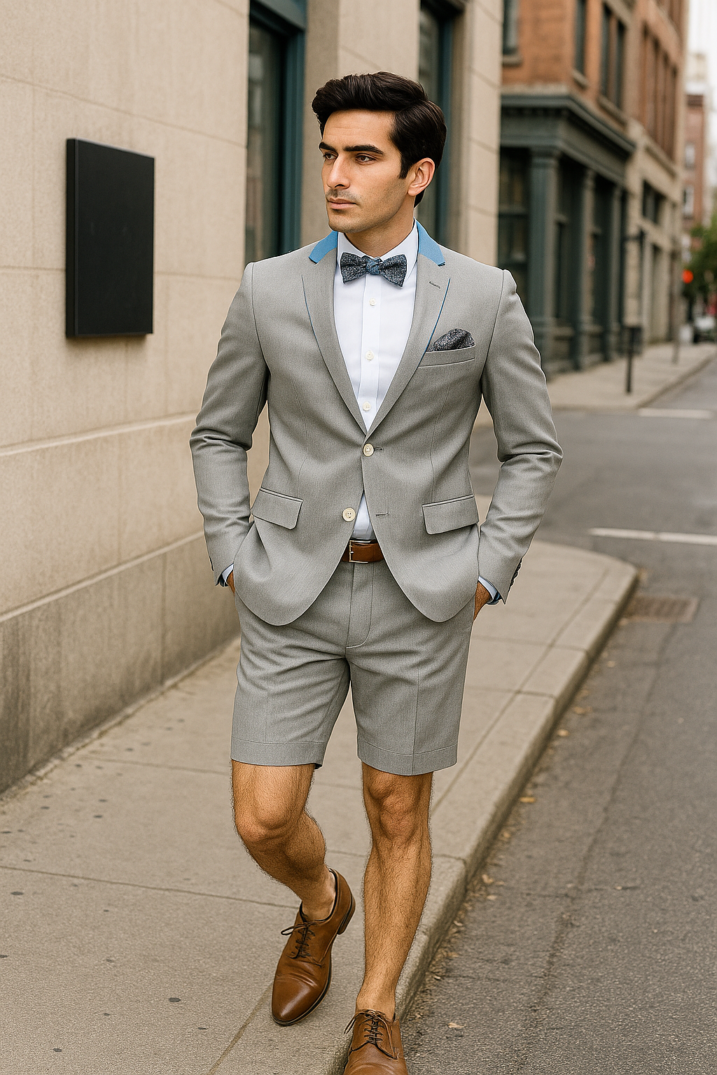 Men's Summer Business Light Gray Suits With Shorts Pants Set (Sport Coat Looking)