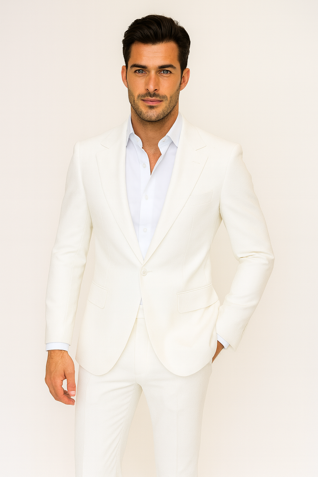 White Seersucker Peak Lapel Suit by Rossiman