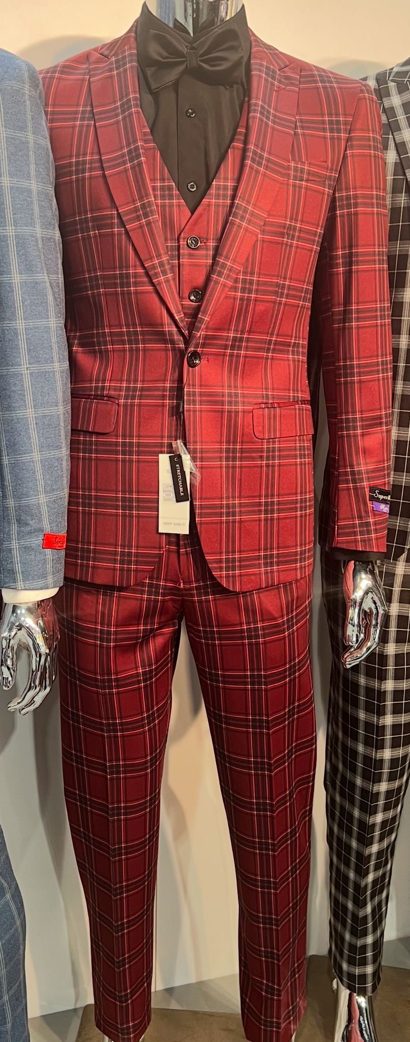 Red Tartan Christmas Suit - Holiday New Year Event Red with Gold Buttons Tuxedo Double Breasted Style