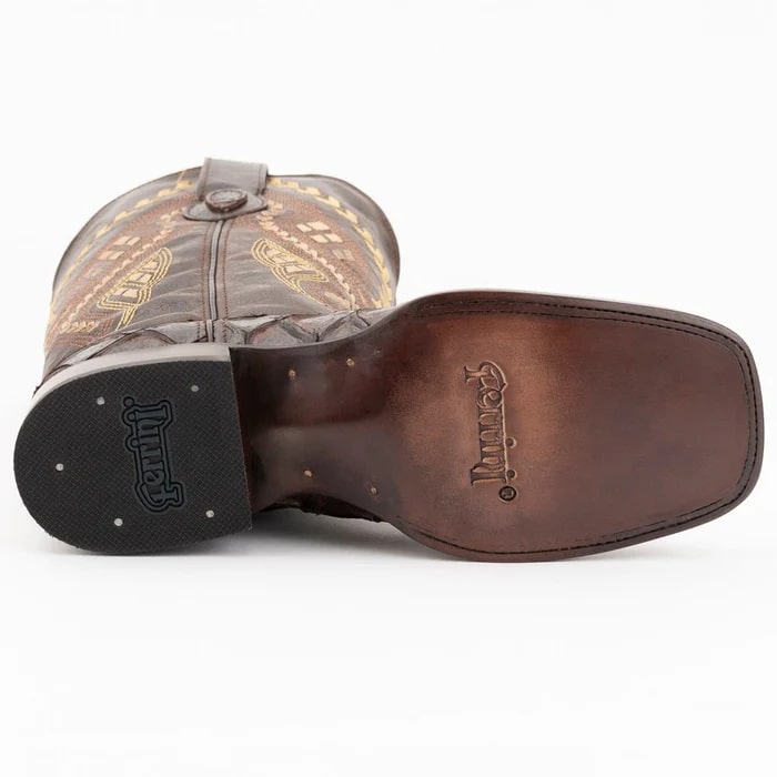 Ferinni Boot - Mens Dress Cowboy Boot - Ferrini Bronco Men's Print Pirarucu Fish Boots Handcrafted Chocolate in Chocolate