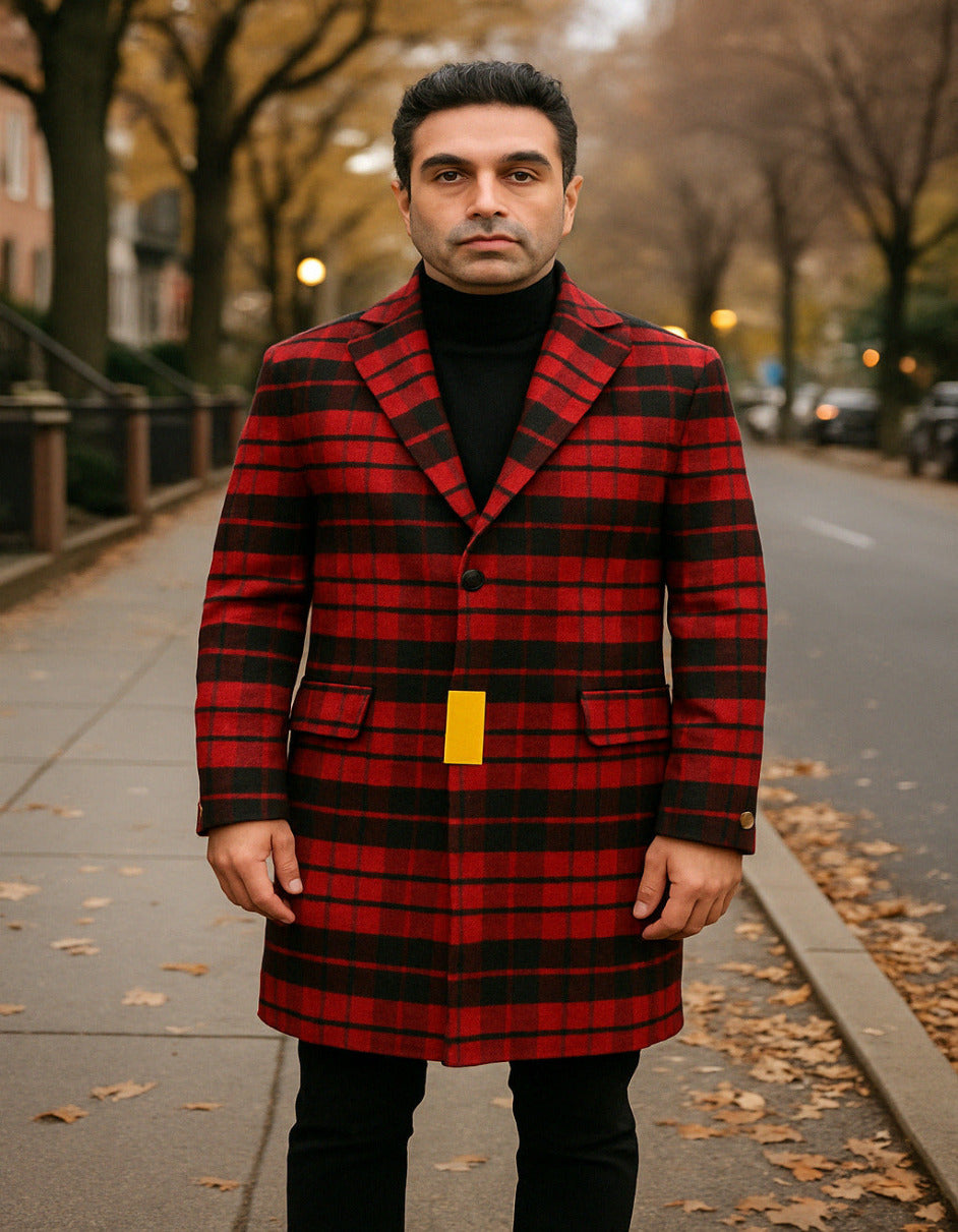 Red & Black Plaid Wool Three-Quarter Carcoat