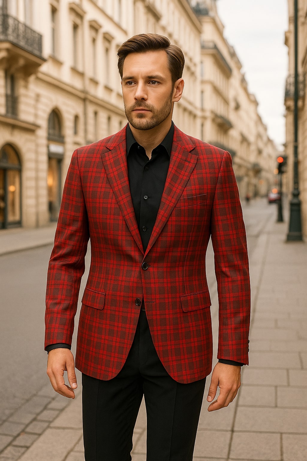 Red Plaid Modern Fit Windowpane Blazer