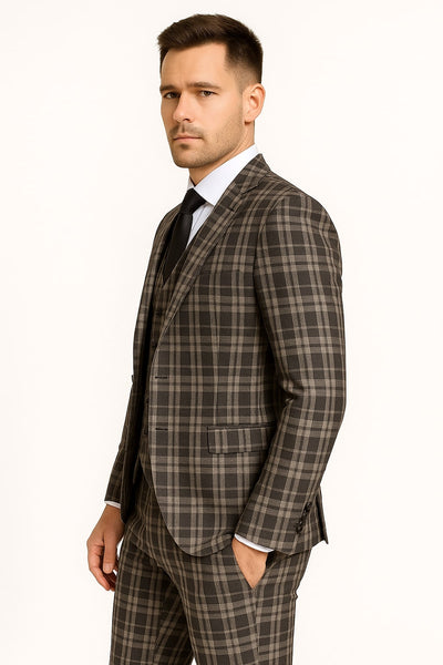 Men's Black and White Plaid Three-Piece Suit β Modern Slim Fit Tuxedo for Church and Business