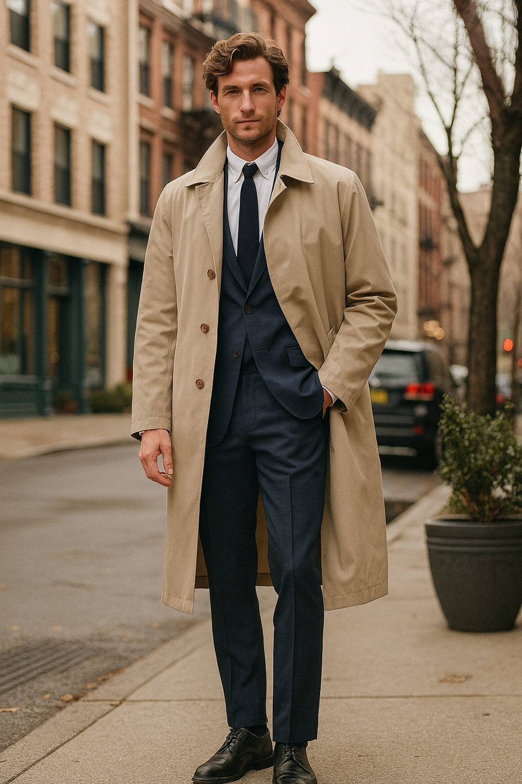 Men's Classic Beige Trench Coat Button Long Overcoat