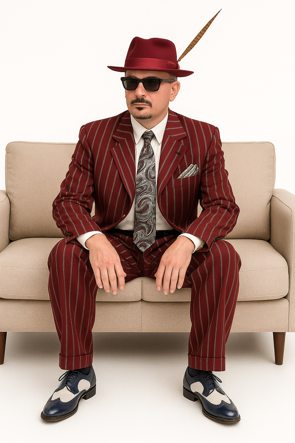 Burgundy Pinstripe Zoot Suit 3 Piece 1920s/1930s Gangster Outfit (Jacket and Pants and Vest) Vintage Fashion