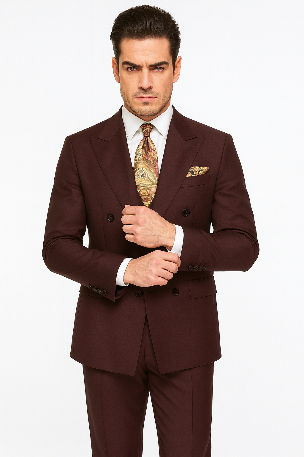 Double Breasted Vested Wool Suit in Brown