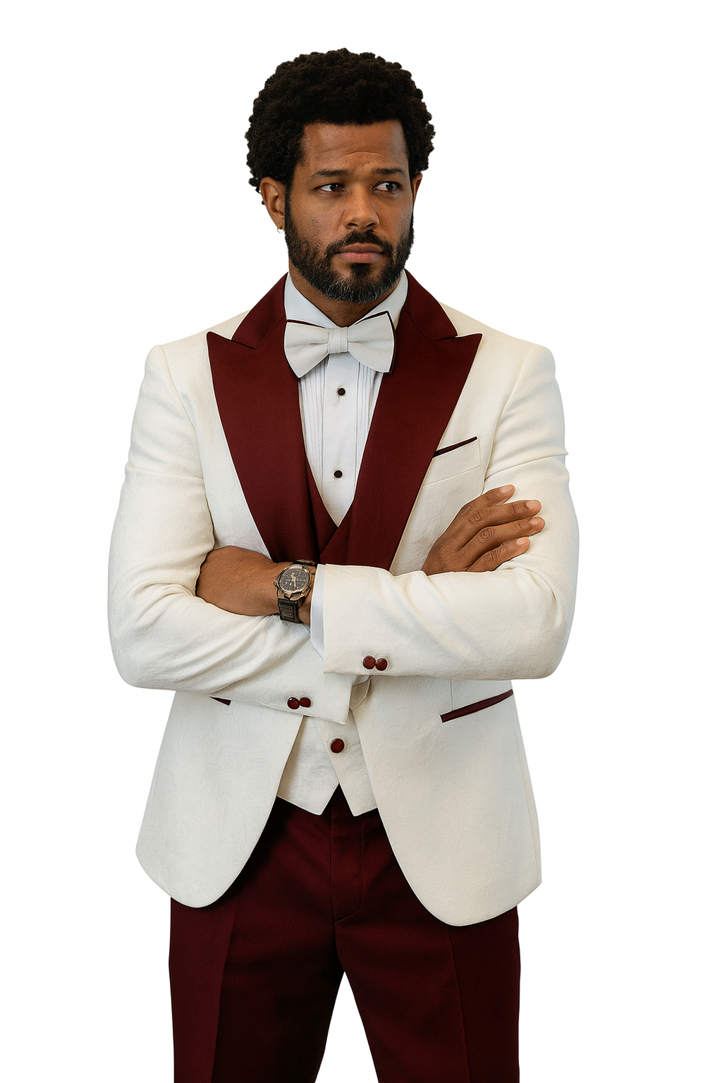 White & Burgundy Paisley Peak Lapel Tuxedo Set