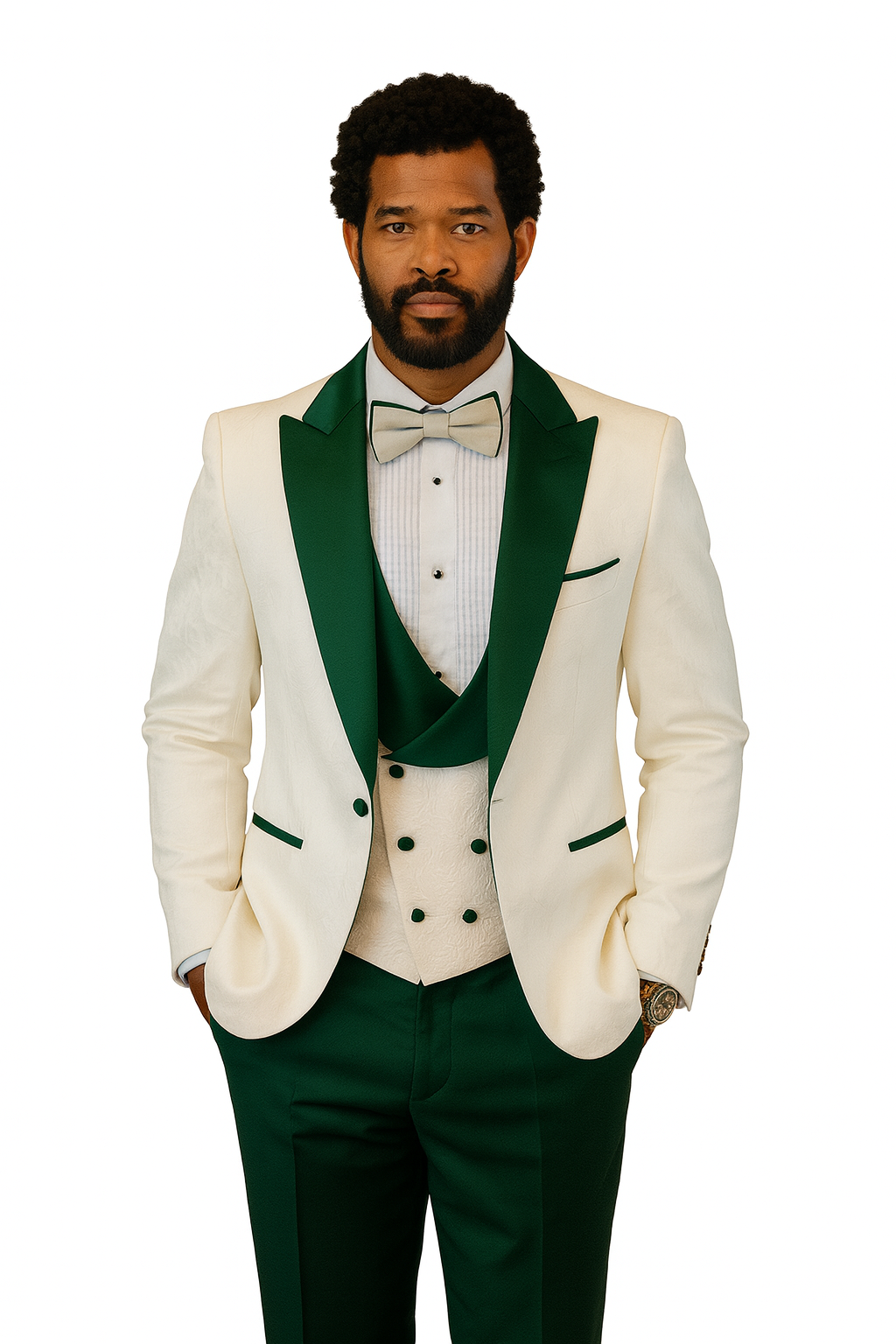 Paisley Green & White Peak Lapel Formal Set