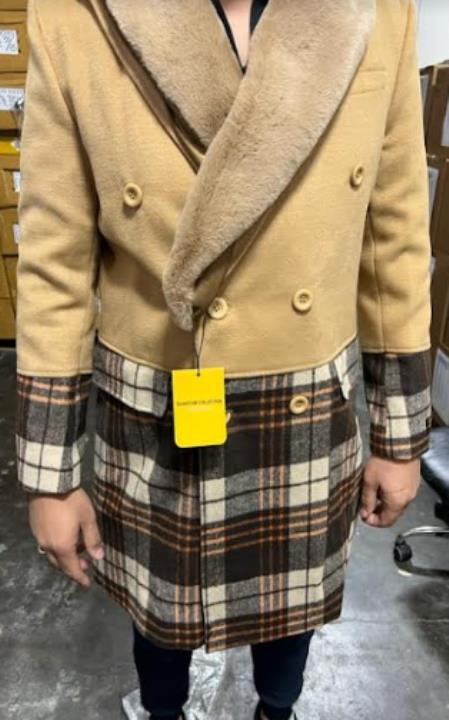 Men's Plaid Peacoat in Tan
