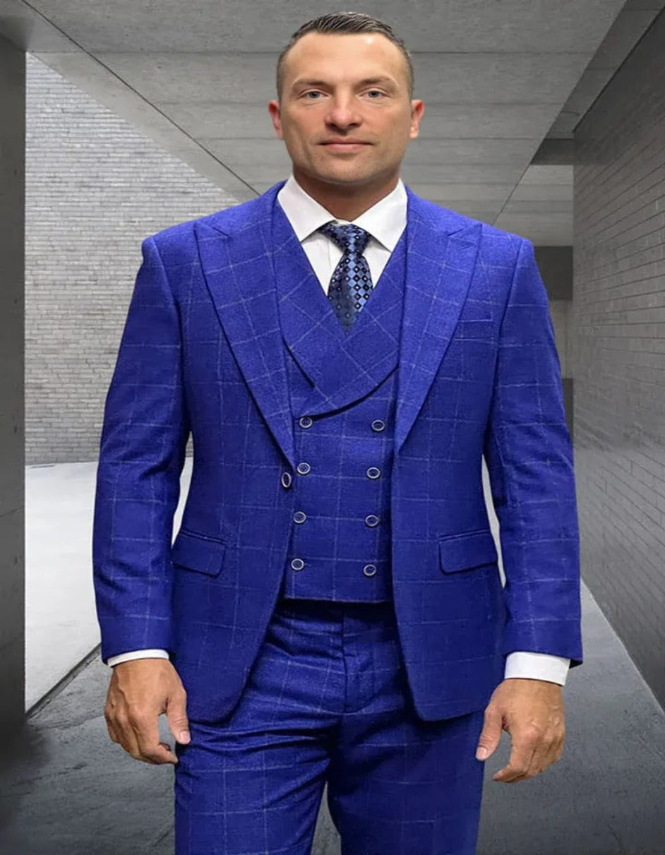 Double Breasted Cobalt Blue Plaid Suit for Men