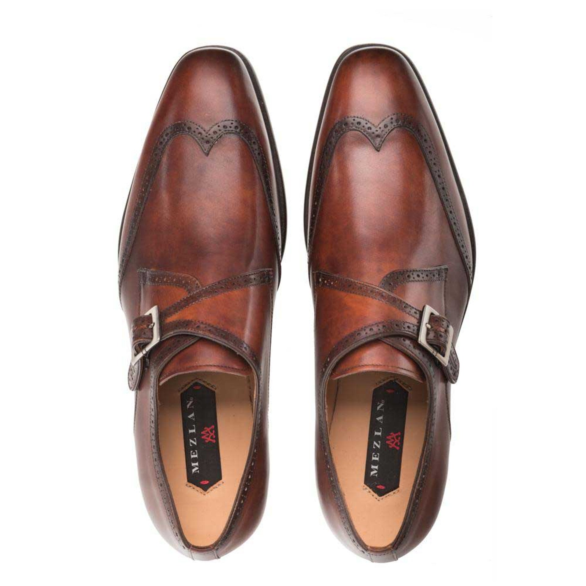 Forest Cognac Calfskin Leather MenŸ??s Modern Wing Tip Monk Strap By Mezlan Made In Spain Brand