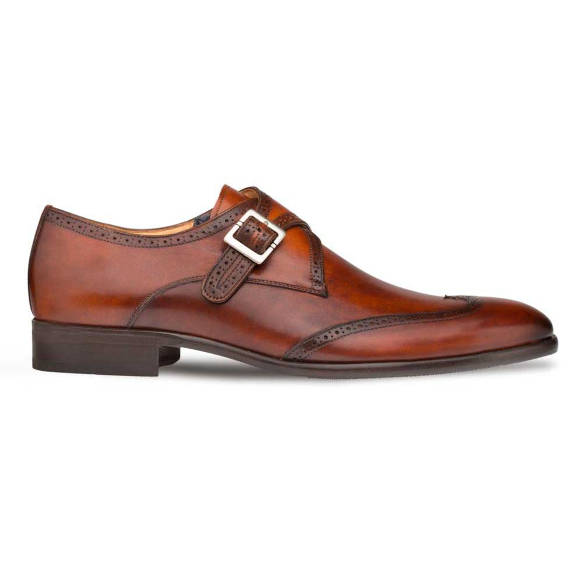Forest Cognac Calfskin Leather MenŸ??s Modern Wing Tip Monk Strap By Mezlan Made In Spain Brand