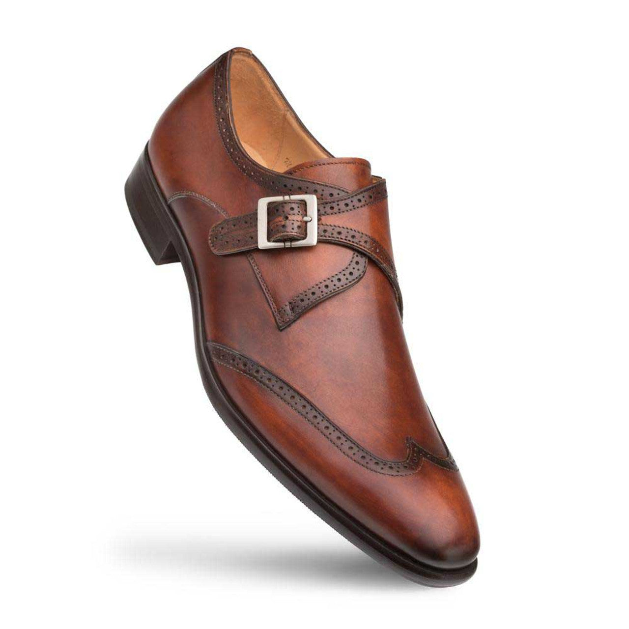 Forest Cognac Calfskin Leather MenŸ??s Modern Wing Tip Monk Strap By Mezlan Made In Spain Brand