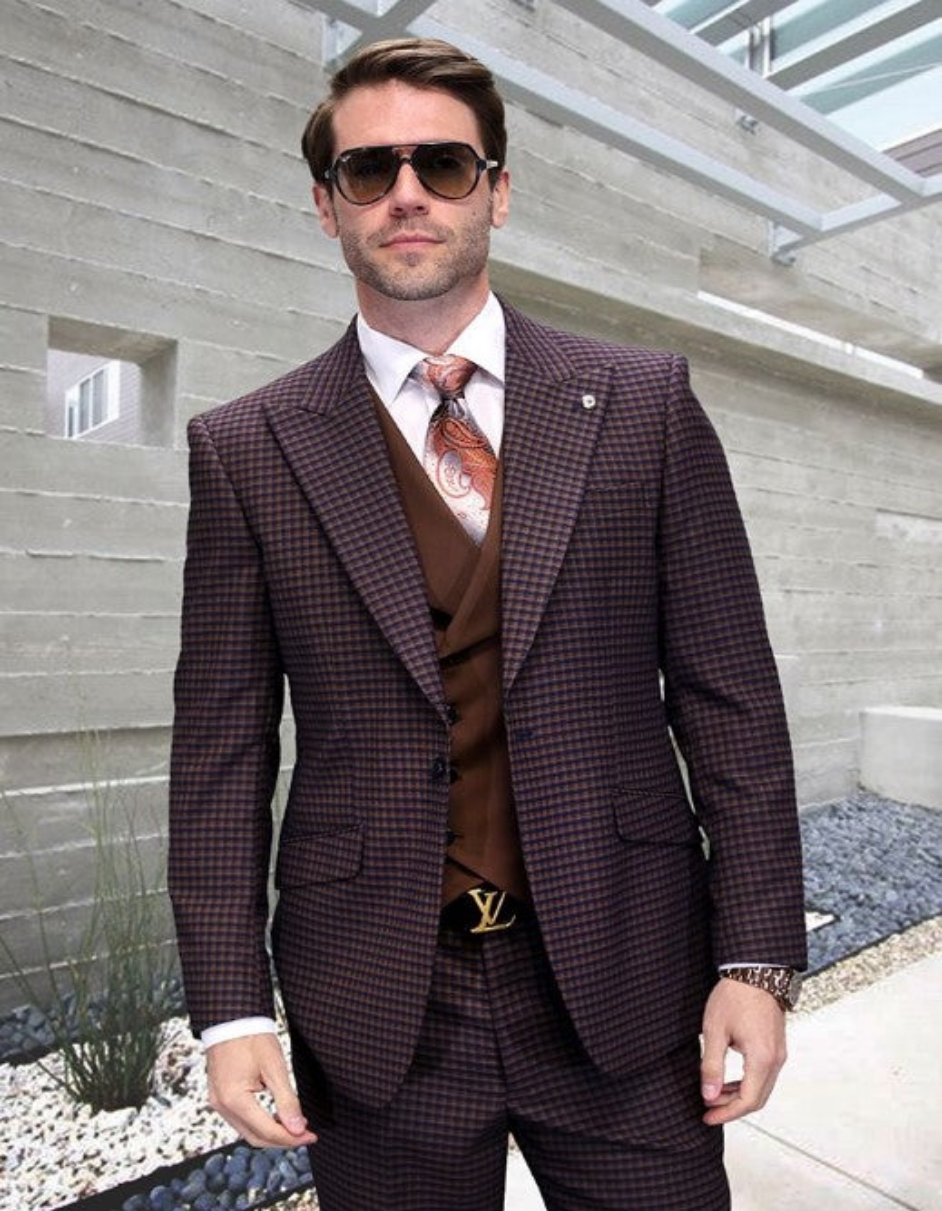 Brown Plaid Double Breasted Vest Wool Suit
