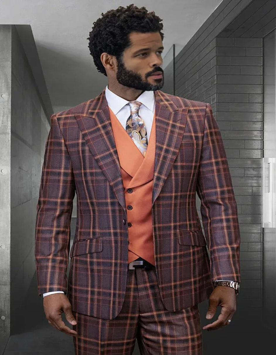 Wool Vested Peak Lapel Copper Windowpane Suit