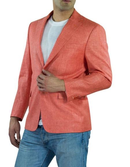 Alberto Nardoni Brand Men's One Ticket Pocket Salmon ~ Coral color Thread & Stitch 100% Linen Blazer