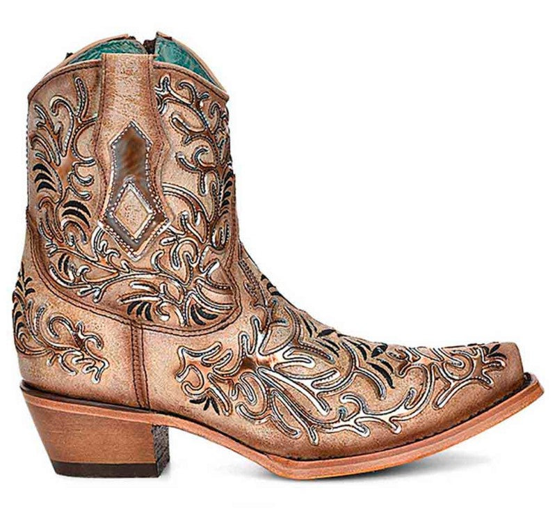Tan Booties with Dark Embroidery & Mirror Overlay