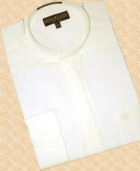 Banded Collar Cotton Blend Dress Fashion collarless Shirt Cream Men's Dress Shirt